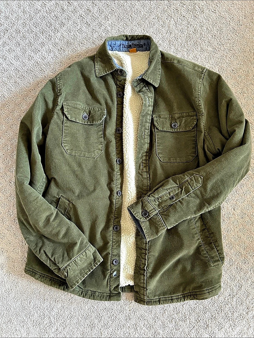 Taylor Vintage Olive Green Corduroy Sherpa-Lined Field Jacket / Shacket, Small